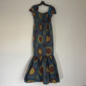 Ankara African Print Cap Sleeve Mermaid Maxi Dress Cap Sleeve XS Teal Yellow